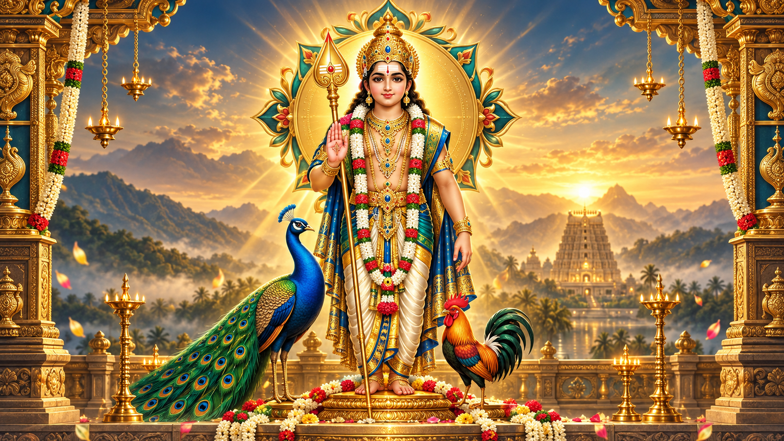 Lord Murugan with peacock and rooster at the temple