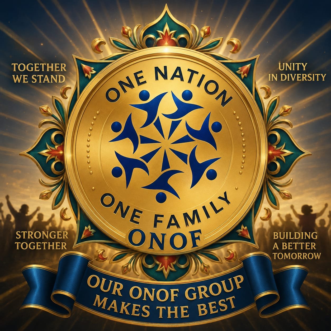 One Nation One Family emblem, jeweled crest with peacock and rooster ribbon