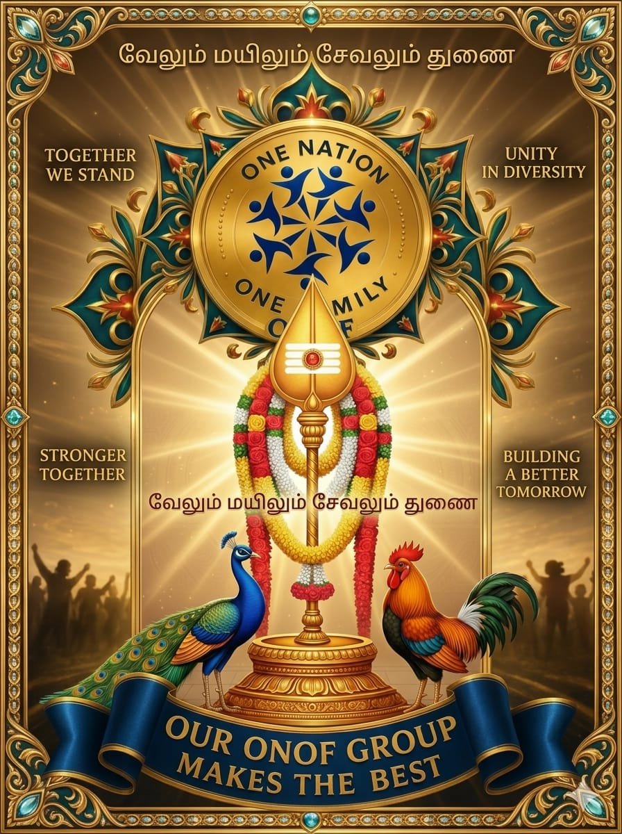 One Nation One Family poster with Vel, peacock and rooster